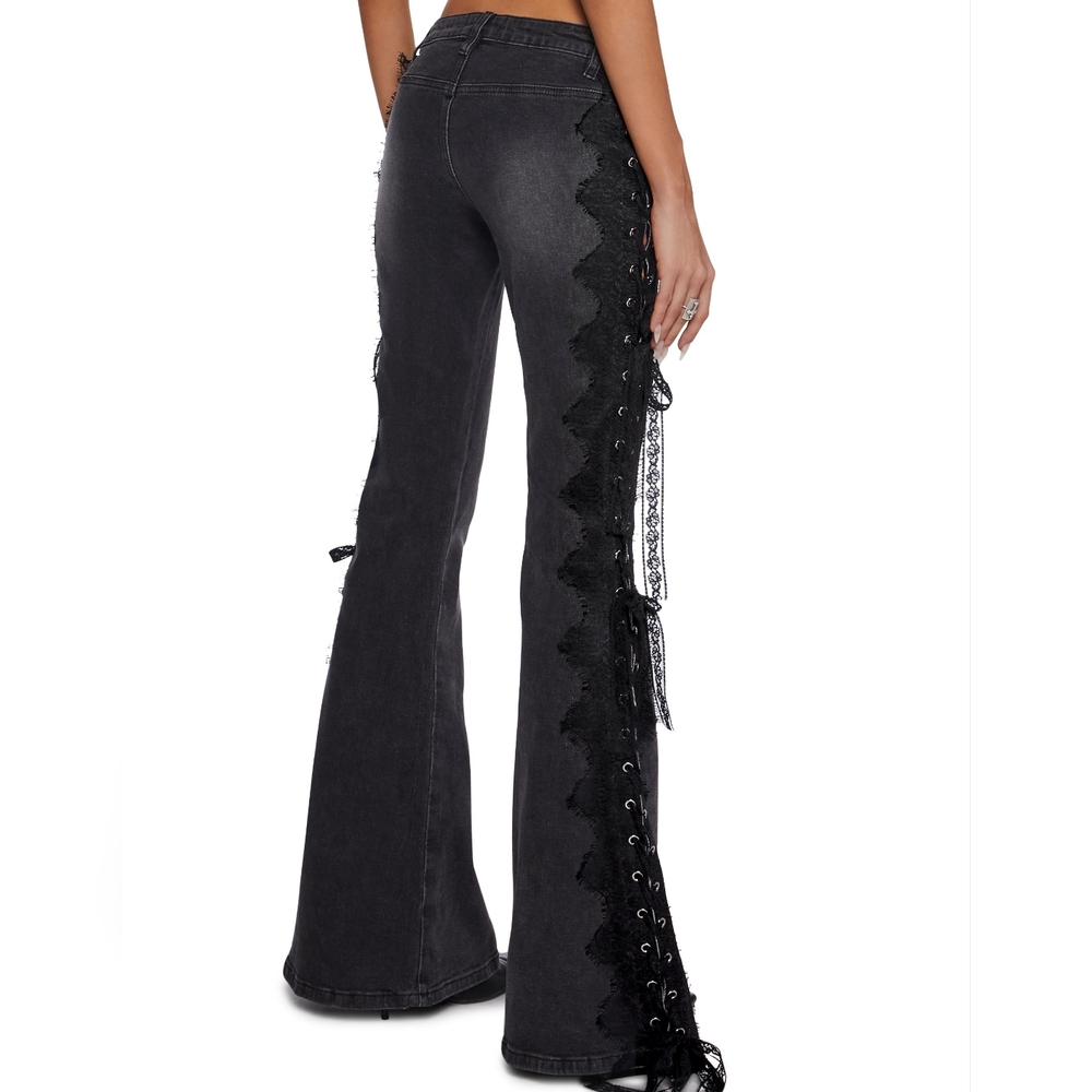 ~SOLD~Dolls Kill Current Mood Across The Crowd Gray Black Lace Up Flared Jeans S - Picture 10 of 10